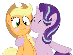 Size: 1800x1350 | Tagged: safe, artist:prixy05, derpibooru import, applejack, starlight glimmer, earth pony, pony, unicorn, blushing, duo, duo female, female, glimmerjack, hoof around neck, image, kiss on the cheek, kissing, lesbian, mare, png, shipping, simple background, transparent background, vector