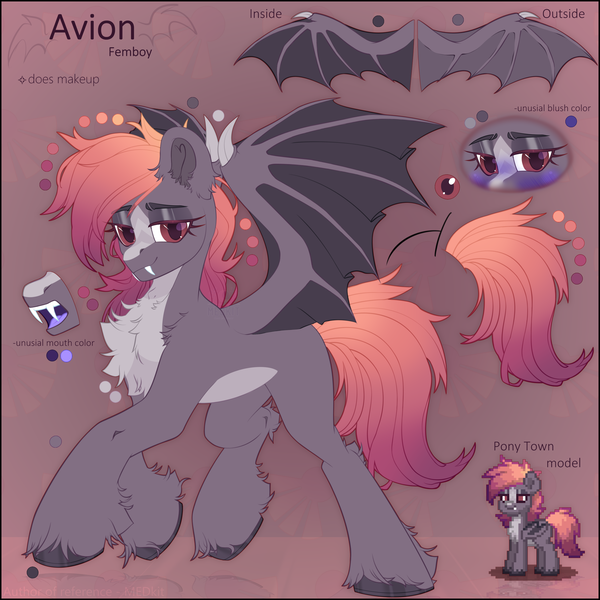 Size: 2500x2500 | Tagged: safe, artist:medkit, derpibooru import, oc, oc:avion, unofficial characters only, bat pony, pegasus, pony, pony town, adam's apple, blaze (coat marking), blushing, chest fluff, coat markings, colored belly, colored blush, colored ears, colored eyebrows, colored eyelashes, colored hooves, colored lineart, colored pupils, colored text, colored tongue, colored wings, commission, ear cleavage, ear fluff, ears up, eye, eye clipping through hair, eyebrows, eyebrows visible through hair, eyes, eyeshadow, facial markings, fangs, femboy, folded wings, fringe, full body, gradient background, gradient mane, gradient tail, heart shaped, high res, hoof fluff, image, leg fluff, lidded eyes, lightly watermarked, long mane, long mane male, long tail, makeup, male, membranous wings, multicolored coat, multicolored mane, multicolored tail, palette, partially open wings, pattern, pixel art, png, raised hoof, raised hooves, raised leg, red eyes, reference sheet, reflection, running, shoulder fluff, signature, smiling, solo, spread wings, stallion, tail, text, unshorn fetlocks, watermark, wings