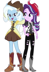 Size: 736x1080 | Tagged: safe, artist:cutler1228, derpibooru import, adagio dazzle, aria blaze, sonata dusk, starlight glimmer, trixie, equestria girls, boots, clothes, couple, cowboy boots, cowboy hat, cowgirl, cowgirl outfit, duo, duo female, female, hat, image, lesbian, outfit, overalls, pants, png, shipping, shoes, simple background, skirt, spurs, startrix, stetson, transparent background