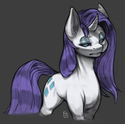 Size: 1280x1272 | Tagged: safe, artist:florecentmoo, derpibooru import, rarity, pony, unicorn, cutie mark, female, gray background, horn, image, jpeg, looking at you, mare, signature, simple background, solo