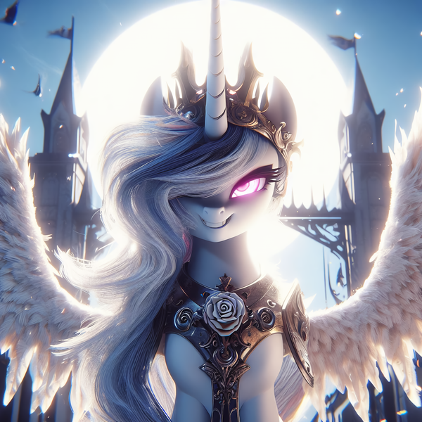 Size: 4096x4096 | Tagged: safe, ai content, derpibooru import, idw, machine learning generated, princess celestia, alicorn, reflections, spoiler:comic, aura, castle, close-up, day, evil, evil celestia, evil counterpart, evil grin, female, flag, g4, generator:dall-e 3, grin, image, jewelry, looking at you, mirror universe, png, regalia, smiling, smiling at you, solo, spread wings, sun, sunlight, wings