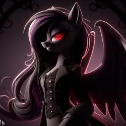 Size: 4096x4096 | Tagged: prompter needed, safe, ai content, derpibooru import, machine learning generated, anthro, pegasus, undead, vampire, vampony, beautiful, button, clothes, corset, ears up, evil, evil grin, female, generator:dall-e 3, grin, image, png, red eyes, simple background, smiling, solo, spread wings, suit, wings