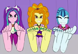 Size: 2154x1478 | Tagged: suggestive, artist:weirdo6264, derpibooru import, adagio dazzle, aria blaze, sonata dusk, human, equestria girls, rainbow rocks, clothes, eyes closed, feet, female, fetish, foot fetish, foot focus, happy, image, jpeg, looking at you, nail polish, smiling, soles, the dazzlings, toenail polish, toes