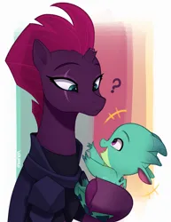 Size: 2941x3802 | Tagged: safe, artist:maren, derpibooru import, sparky sparkeroni, tempest shadow, dragon, pony, unicorn, g5, emanata, g4, holding a dragon, image, open mouth, open smile, png, question mark, reaching, smiling