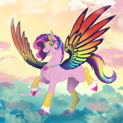 Size: 1600x1600 | Tagged: safe, artist:sunny way, derpibooru import, pipp petals, pegasus, pony, g5, art, artwork, bridlewoodstock, cloud, cute, digital art, feather, female, feral, happy, image, mare, my little pony, open mouth, png, shiny, smiling, solo, wings