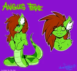 Size: 2600x2400 | Tagged: safe, artist:mimy92sonadow, derpibooru import, oc, oc:anguis flake, unofficial characters only, hybrid, lamia, original species, bust, ear fluff, ear piercing, earring, fangs, female, hypnosis, image, jewelry, jpeg, looking at you, piercing, reference sheet, simple background, solo, text, tongue out
