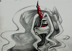 Size: 4000x2827 | Tagged: safe, artist:tlen borowski, derpibooru import, oc, pony, black and white, bust, commission, eyebrows, grayscale, horn, image, jpeg, monochrome, portrait, red eyes, red horn, simple background, sketch, solo, traditional art