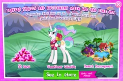 Size: 1961x1300 | Tagged: safe, derpibooru import, official, princess celestia, alicorn, pony, advertisement, bag, bush, clothes, costs real money, english, female, folded wings, gameloft, gem, horn, image, jpeg, mare, mobile game, my little pony: magic princess, numbers, palm tree, ponytail, sale, shirt, solo, solo focus, tent, text, tree, water, wings