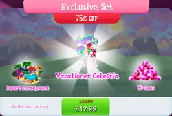 Size: 1266x857 | Tagged: safe, derpibooru import, official, princess celestia, alicorn, pony, bag, bundle, bush, clothes, costs real money, english, female, folded wings, gameloft, gem, horn, image, jpeg, mare, mobile game, my little pony: magic princess, numbers, palm tree, ponytail, sale, shirt, solo, solo focus, tent, text, tree, water, wings