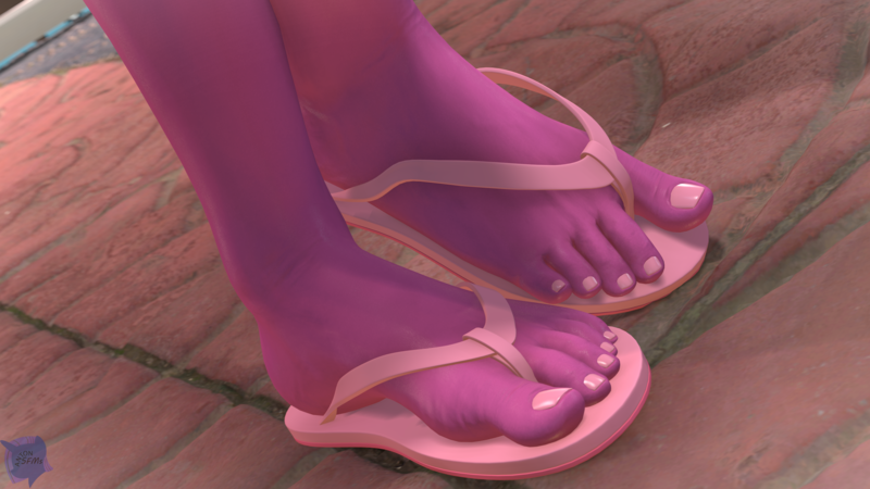 Size: 3840x2160 | Tagged: suggestive, alternate version, artist:antonsfms, derpibooru import, cheerilee, anthro, earth pony, plantigrade anthro, 3d, beach, commission, commissioner:hunterz263, feet, female, fit, flip-flops, high res, image, outdoors, painted nails, png, sandals, solo, source filmmaker, thighs, thunder thighs, toes