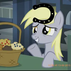 Size: 1080x1088 | Tagged: safe, derpibooru import, derpy hooves, slice of life (episode), food, horses doing horse things, horseshoes, image, muffin, png, timestamp