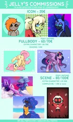 Size: 2480x4134 | Tagged: safe, artist:jelly, derpibooru import, fluttershy, nightmare moon, princess luna, starlight glimmer, trixie, twilight sparkle, twilight sparkle (alicorn), oc, oc:carmel, oc:milli, alicorn, anthro, pegasus, pony, unicorn, advertisement, bust, commission, commission info, commission open, cult of the lamb, full body, image, png