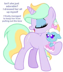 Size: 1774x2038 | Tagged: safe, artist:feather_bloom, derpibooru import, oc, oc:featherbloom, oc:mystic shimmer, pegasus, pony, unicorn, baby, baby pony, bow, clothes, dress, female, hair bow, image, makeup, mother and child, mother and daughter, png, simple background, upset, white background