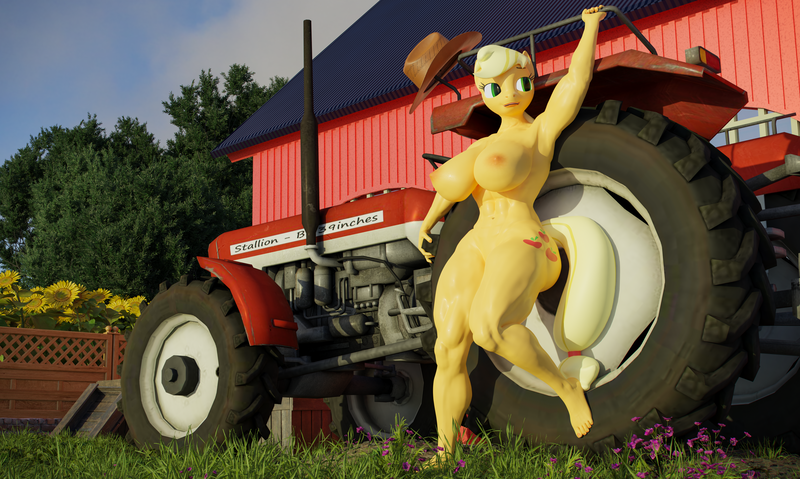 Size: 3840x2300 | Tagged: questionable, artist:vladichslg, derpibooru import, applejack, anthro, 3d, 4k, abs, barn, big breasts, blender, blender cycles, breasts, busty applejack, butt, clothes, farm, female, flower, forest, high res, hips, image, muscles, nature, nipples, nudity, png, pose, posing for photo, socks, solo, solo female, sunflower, thigh highs, thighs, thunder thighs, tractor, tree, wide hips