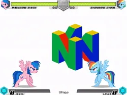 Size: 994x746 | Tagged: safe, artist:tom artista, derpibooru import, screencap, firefly, rainbow dash, pegasus, pony, fighting is magic, g1, bipedal, color, colored, colorful, fan game, image, jpeg, logo, new, nintendo, nintendo 64, simple background, stage, white background