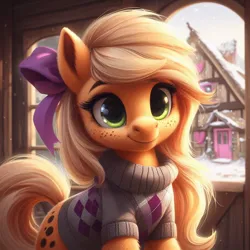 Size: 1024x1024 | Tagged: safe, ai content, machine learning generated, ponerpics import, ponybooru import, applejack, earth pony, pony, alternate cutie mark, alternate hairstyle, bing, bow, clothes, female, fluffy, hair bow, hatless, image, jpeg, mare, missing accessory, ponyville, smiling, snow, solo, sweater