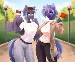 Size: 2491x2060 | Tagged: safe, artist:tenta, derpibooru import, oc, oc:dark straw, oc:pixi feather, unofficial characters only, anthro, hybrid, pegasus, alley, belt, bush, cap, city, clothes, coat, day, denim, duo, duo female, female, flag, hat, hug, image, jeans, jpeg, lantern, pants, park, shirt, smiling, summer, sunlight, sweater, t-shirt, walking, weekday ponies, wings, wood