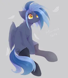 Size: 2800x3200 | Tagged: safe, artist:milkusy, derpibooru import, oc, oc:pixi feather, unofficial characters only, pegasus, pony, black socks, blue hair, chest fluff, clothes, cutie mark, eyelashes, feather, hooves, image, looking up, png, simple background, sitting, socks, stockings, text, thigh highs, thoughts, white background, wings, yellow eyes
