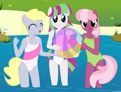 Size: 3839x2910 | Tagged: safe, artist:deserter, artist:tolpain, ponerpics import, ponybooru import, blossomforth, cheerilee, derpy hooves, anthro, beach, beach ball, clothes, food, image, looking at you, muffin, one-piece swimsuit, png, smiling, swimsuit, younger