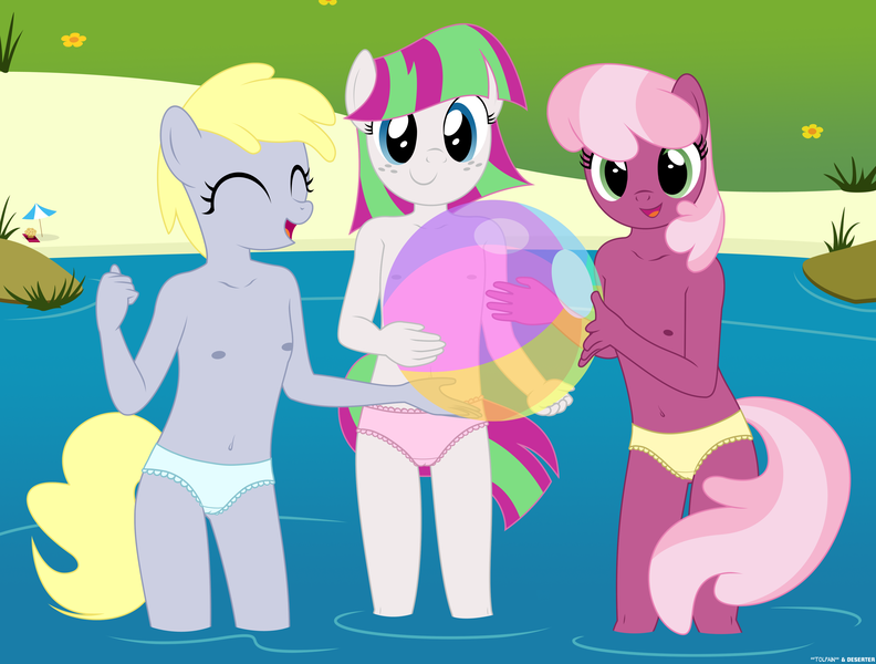 Size: 3839x2910 | Tagged: questionable, artist:deserter, artist:tolpain, banned from derpibooru, ponerpics import, ponybooru import, blossomforth, cheerilee, derpy hooves, anthro, beach, beach ball, belly button, breasts, clothes, delicious flat chest, female, food, frilly panties, frilly underwear, image, light blue panties, light blue underwear, lolicon, looking at you, muffin, nipples, nudity, panties, pink panties, pink underwear, png, small breasts, smiling, underage, underwear, yellow panties, yellow underwear, younger