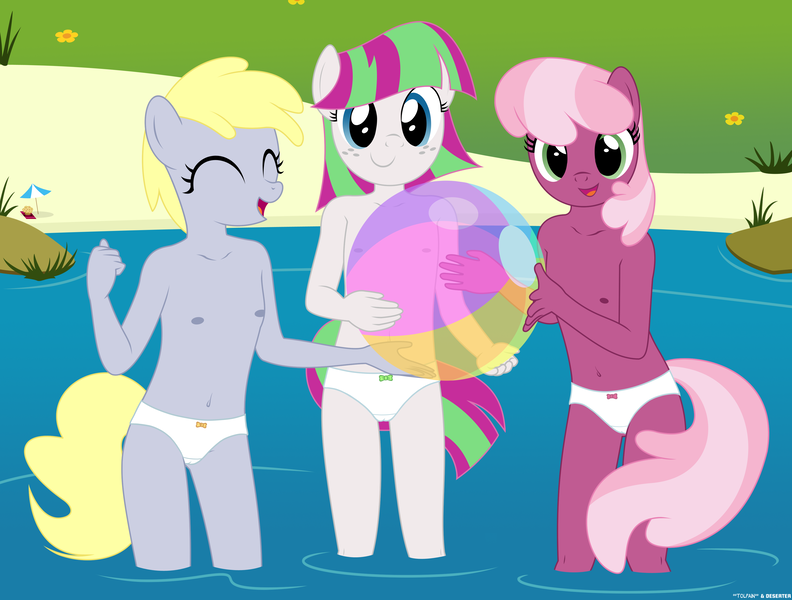 Size: 3839x2910 | Tagged: questionable, artist:deserter, artist:tolpain, banned from derpibooru, ponerpics import, ponybooru import, blossomforth, cheerilee, derpy hooves, anthro, beach, beach ball, belly button, breasts, clothes, delicious flat chest, female, food, image, lolicon, looking at you, muffin, nipples, nudity, panties, png, small breasts, smiling, underage, underwear, white panties, white underwear, younger