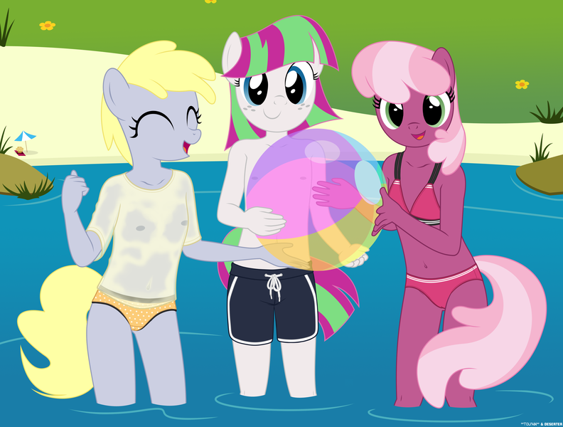 Size: 3839x2910 | Tagged: questionable, artist:deserter, artist:tolpain, banned from derpibooru, ponerpics import, ponybooru import, blossomforth, cheerilee, derpy hooves, anthro, beach, beach ball, belly button, bikini, breasts, clothes, delicious flat chest, female, food, image, lolicon, looking at you, male swimwear challenge, muffin, nipples, nudity, panties, png, polka dot underwear, see-through, shorts, small breasts, smiling, swimming trunks, swimsuit, underage, underwear, yellow underwear, younger