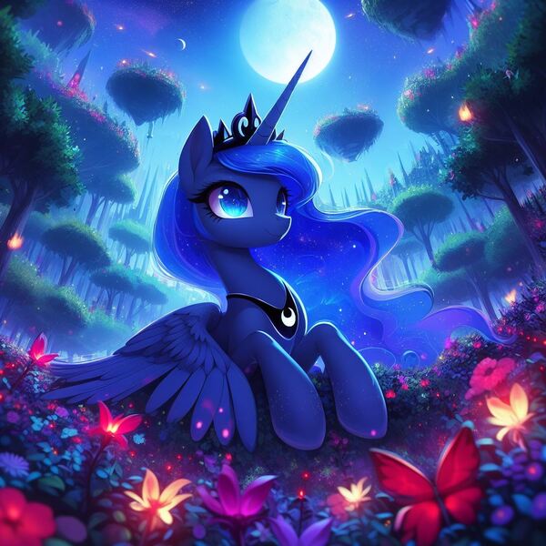 Size: 1024x1024 | Tagged: safe, ai content, derpibooru import, machine learning generated, princess luna, alicorn, pony, floating island, flower, full moon, g4, image, jpeg, moon, solo