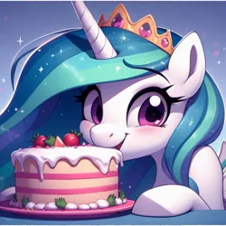 Size: 1024x1024 | Tagged: safe, ai content, derpibooru import, machine learning generated, princess celestia, alicorn, pony, blushing, cake, cakelestia, crown, cute, cutelestia, food, g4, generator:dall-e 3, image, jewelry, jpeg, plate, prompter:k.r.e.d.k.e, regalia, solo, strawberry, that princess sure does love cake, weapons-grade cute