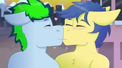 Size: 2800x1578 | Tagged: safe, artist:brushwork, derpibooru import, oc, oc:lucky spark, earth pony, pegasus, pony, duo, duo male, gay, heart, image, kissing, male, png, smooc