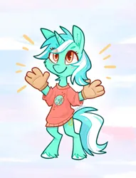 Size: 1211x1586 | Tagged: safe, artist:kazunekomori, derpibooru import, lyra heartstrings, pony, unicorn, bipedal, clothes, gloves, hand, image, jpeg, shirt, smiling, solo, t-shirt, that pony sure does love hands, that pony sure does love humans