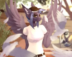 Size: 2708x2160 | Tagged: safe, artist:elektra-gertly, derpibooru import, oc, oc:pixi feather, unofficial characters only, anthro, bird, pegasus, pigeon, aesthetics, baseball cap, belt, black eyeshadow, breasts, cap, clothes, day, denim, ear fluff, eyeshadow, feather, hat, image, jeans, lidded eyes, looking at you, makeup, pants, park, pegasus oc, png, shirt, spread wings, summer, sunlight, t-shirt, wings, yellow eyes