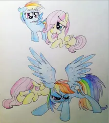 Size: 848x952 | Tagged: safe, artist:kluzart, derpibooru import, fluttershy, rainbow dash, pony, crying, female, filly, filly fluttershy, filly rainbow dash, image, png, protecting, spread wings, traditional art, wings, younger