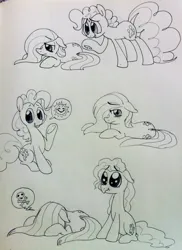 Size: 801x1103 | Tagged: safe, artist:kluzart, derpibooru import, fluttershy, pinkie pie, pony, image, monochrome, png, traditional art