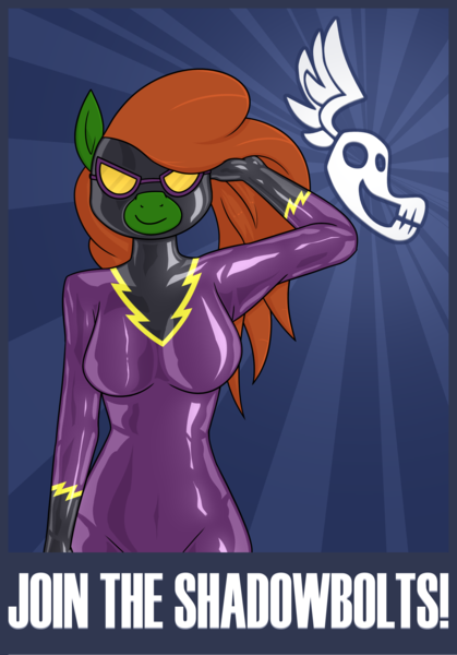 Size: 1657x2375 | Tagged: suggestive, artist:moonatik, derpibooru import, oc, oc:muse, unofficial characters only, anthro, earth pony, anthro oc, breasts, earth pony oc, female, goggles, image, latex, latex suit, png, poster, raised arm, shadowbolts, solo, solo female