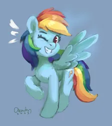 Size: 1024x1148 | Tagged: safe, artist:aemantaslim, derpibooru import, rainbow dash, pegasus, pony, blue background, bust, emanata, female, grin, image, jpeg, looking at you, mare, one eye closed, raised hoof, simple background, smiling, smiling at you, solo, spread wings, wings, wink, winking at you