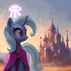 Size: 2000x2000 | Tagged: safe, artist:yidwags, derpibooru import, trixie, pony, unicorn, castle, city, clothes, crossover, dalaran, image, magician, painterly, painting, png, robe, scenery, solo, warcraft, world of warcraft