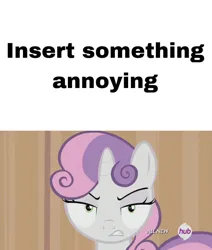 Size: 750x883 | Tagged: episode needed, safe, artist:geononnyjenny, derpibooru import, sweetie belle, pony, unicorn, annoyed, female, filly, foal, g4, hub logo, hubble, image, jpeg, logo, looking at you, meme, meme template, solo, text, the hub