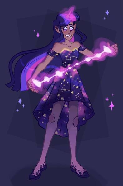 Size: 675x1025 | Tagged: safe, artist:irisikiki, derpibooru import, twilight sparkle, human, blackwashing, clothes, dress, female, glow, glowing horn, horn, horned humanization, humanized, image, jpeg, looking at something, magic, moderate dark skin, pantyhose, purple background, simple background, solo, sparkles