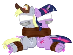 Size: 8200x6134 | Tagged: safe, alternate version, artist:cardshark777, derpibooru import, derpy hooves, twilight sparkle, twilight sparkle (alicorn), alicorn, pegasus, pony, arm behind back, blindfold, bondage, bound and gagged, bound together, bound wings, captured, clothes, digital art, duct tape, duo, feather, female, females only, g4, gag, helpless, hoof tickling, hooves behind back, horn, horn ring, image, jewelry, magic, magic aura, magic suppression, mare, png, ring, rope, rope bondage, simple background, tape, tape gag, telekinesis, tickle torture, tickling, tied up, transparent background, uniform, wings