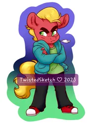 Size: 1597x2160 | Tagged: safe, artist:twisted-sketch, derpibooru import, sprout cloverleaf, anthro, earth pony, pony, g5, clothes, crossed arms, grumpy, image, jacket, jpeg, looking offscreen, male, outline, simple background, solo, stallion, white background