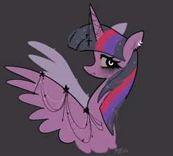 Size: 2048x1841 | Tagged: safe, artist:petaltwinkle, derpibooru import, twilight sparkle, twilight sparkle (alicorn), alicorn, pony, bust, female, gray background, horn, horn jewelry, image, jewelry, jpeg, looking at you, mare, simple background, smiling, smiling at you, solo, wing jewelry, wings