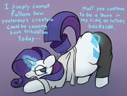 Size: 1600x1200 | Tagged: suggestive, artist:voraciouscutie, derpibooru import, rarity, pony, unicorn, belly, big belly, business, butt, chubby, clothes, digestion, female, fetish, food, huge belly, image, mare pred, plot, png, post-vore, raripred, solo, the ass was fat, unknown prey, vore, weight gain