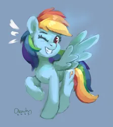 Size: 1433x1606 | Tagged: safe, artist:aemantaslim, derpibooru import, rainbow dash, pegasus, pony, blue background, emanata, eyebrows, female, g4, grin, image, looking at you, mare, one eye closed, png, raised hoof, signature, simple background, smiling, smiling at you, solo, spread wings, wings, wink, winking at you