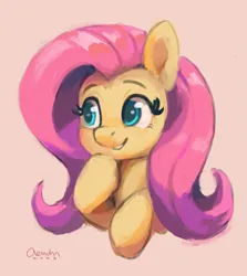 Size: 1433x1606 | Tagged: safe, artist:aemantaslim, derpibooru import, fluttershy, pegasus, pony, bust, cute, eyebrows, female, g4, hoof on chin, image, mare, png, portrait, raised hoof, shyabetes, signature, simple background, smiling, solo