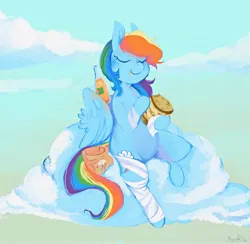 Size: 2589x2531 | Tagged: safe, artist:urbanqhoul, derpibooru import, rainbow dash, pegasus, pony, bag, bandage, bandaged leg, bottle, cider, cloud, eating, eyes closed, female, food, hoof hold, image, jpeg, lunch bag, mare, on a cloud, paper bag, pasta and potato sandwich on sourdough, sandwich, sitting, sitting on cloud, smiling, soda bottle, solo, wing hands, wings