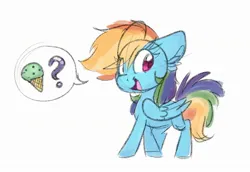 Size: 2187x1507 | Tagged: safe, artist:littleblackraencloud, derpibooru import, rainbow dash, pegasus, pony, big ears, chibi, female, food, ice cream, image, jpeg, mare, missing cutie mark, open mouth, open smile, pictogram, question mark, simple background, sketch, smiling, solo, speech bubble, white background