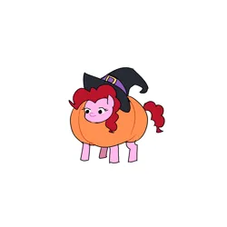 Size: 2500x2500 | Tagged: safe, artist:syrupyyy, derpibooru import, pinkie pie, earth pony, pony, clothes, costume, female, food, food costume, halloween, halloween costume, hat, holiday, image, mare, png, pumpkin costume, simple background, solo, white background, witch hat