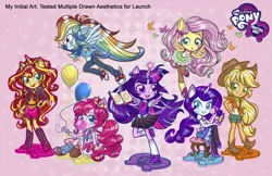 Size: 1920x1242 | Tagged: safe, artist:emily cantelupe, derpibooru import, official, applejack, fluttershy, pinkie pie, rainbow dash, rarity, sci-twi, sunset shimmer, twilight sparkle, butterfly, human, insect, equestria girls, applejack's hat, balloon, big eyes, book, boots, bubblegum, chibi, clothes, concept art, cowboy boots, cowboy hat, cute, dashabetes, diapinkes, doll, equestria girls minis, female, flying, food, gum, hat, high res, humane five, humane seven, humane six, image, jackabetes, jacket, jpeg, ponied up, raribetes, shimmerbetes, shirt, shoes, shyabetes, sitting, skirt, stool, toy, twiabetes, what could have been