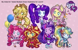 Size: 1920x1242 | Tagged: safe, artist:emily cantelupe, derpibooru import, official, applejack, fluttershy, pinkie pie, rainbow dash, rarity, sci-twi, sunset shimmer, twilight sparkle, butterfly, human, insect, equestria girls, applejack's hat, balloon, big eyes, book, boots, chibi, clothes, concept art, cowboy boots, cowboy hat, cute, dashabetes, diapinkes, doll, equestria girls minis, female, flying, hat, high res, humane five, humane seven, humane six, image, jackabetes, jacket, jpeg, ponied up, raribetes, shimmerbetes, shirt, shoes, shyabetes, skirt, toy, twiabetes, what could have been
