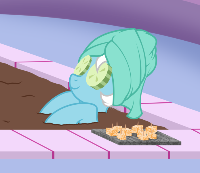 Size: 2409x2079 | Tagged: safe, artist:feather_bloom, derpibooru import, oc, oc:featherbloom, pegasus, pony, cucumber, detailed background, food, image, mud, mud bath, png, relaxed, relaxing, snack, solo, spa, towel, towel on head